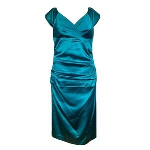 NWT Suzi Chin Maggy Boutique Dress Sz 10 Turquoise Blue Satin Sheath Ruched